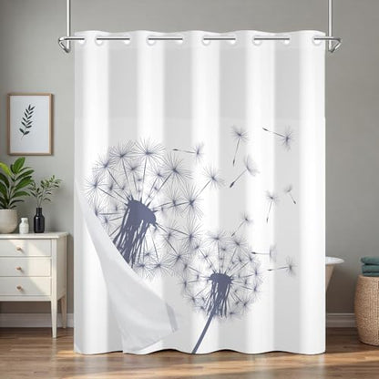 No Hook Shower Curtain and Liner, Farmhouse Heavy Duty Waterproof Shower Curtain with Mesh Top Window and Weighted Hem, Dandelion Print Washable Shower Curtains for Bathroom and Hotel, 71" W x 74" L - color: Dandelion