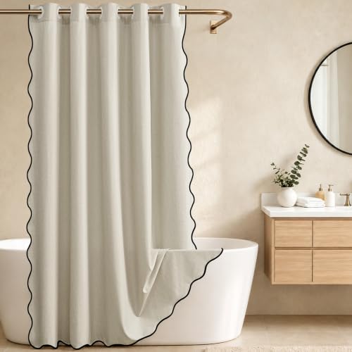 Furlinic Waterproof No Hook Shower Curtain Beige Extra Wide 96x75 Scalloped | Boho Fabric Linen Decorative Large 96 Inch Curved Weighted Thick Textured Farmhouse Cottage Neutral Elegant with Black Border - color: Beige Cream, size: 96"W x 75"L (Pack of 1)