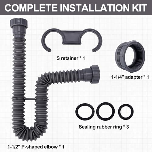 Sink Drain Kit, 1-1/2 Inch Expandable Flexible P-Trap 7.5 Inch - 17.7 Inch Flexible Sink Drain Pipe for Bathroom Sinks Kitchen Sinks
