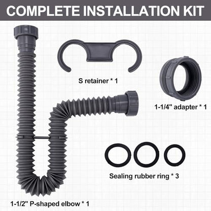 Sink Drain Kit, 1-1/2 Inch Expandable Flexible P-Trap 7.5 Inch - 17.7 Inch Flexible Sink Drain Pipe for Bathroom Sinks Kitchen Sinks