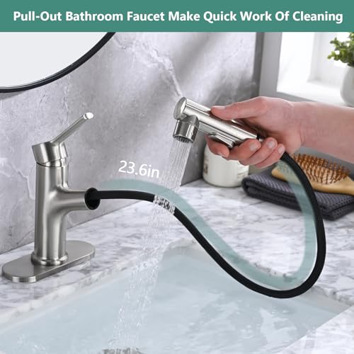 Bathroom Sink Faucet with Pull Out Sprayer, Single Handle Modern Bathroom Basin Faucet with Pop-up Sink Drain Stopper & Deck Plate 1 or 4-inch Centerset 3 Hole, Brushed Nickel - color: Brushed Nickel