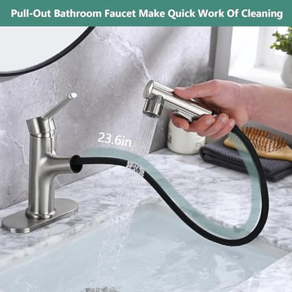 Bathroom Sink Faucet with Pull Out Sprayer, Single Handle Modern Bathroom Basin Faucet with Pop-up Sink Drain Stopper & Deck Plate 1 or 4-inch Centerset 3 Hole, Brushed Nickel - color: Brushed Nickel