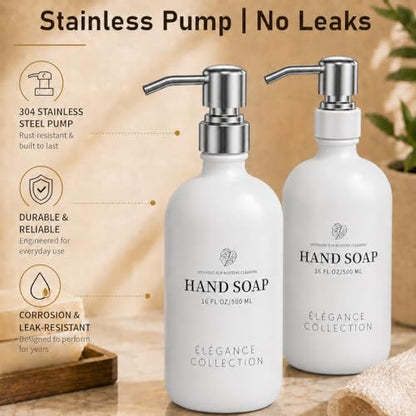 Fachixy White Glass Soap Dispenser 2 Pack, 16 Fl Oz, 14 Waterproof Labels | Leak-Resistant Stainless Steel Pump, Non-Slip Pad, Hand & Dish Soap Dispenser Bottles Set for Kitchen and Bathroom - color: Off-white