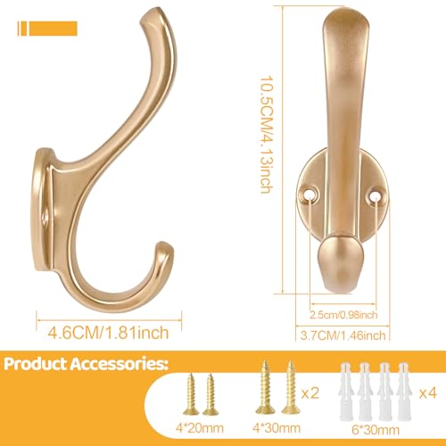 4 Pack Coat Hooks Wall Mount Heavy Duty Utility Retro Double Hooks for Hanging Coats,Hat, Towel, Key, Robe, Scarf, Bag, Cap (Gold) - color: 4 Pack-Gold
