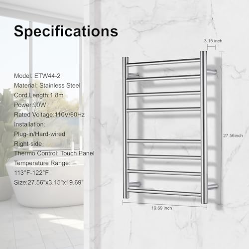 Towel Warmer Polished Chrome for Bathroom Wall Mounted Drying Rack Plug-in Electric Heated Towel Rack Stainless Steel Round 8 Bars Bath Towel Heater with Single Press