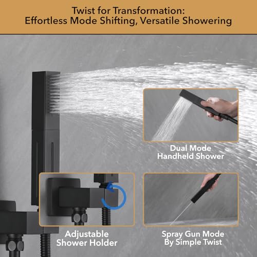 VANFOXLE Shower Faucet Set Matte Black Shower System, Push Button Diverter | 12 Inch Ceiling Mount Rain Head Increased Thick, 6 Inch Wall Mount Head, 2-in-1 Handheld Sprayer, Solid Brass Valve, Modern - color: Matte Black, style: 12"+6" Head