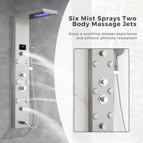 DELAVIN LED Stainless Steel Shower Tower, 5-Function Shower Panel Tower | Temperature Display, Rainfall Waterfall Shower, Massage Jets, Tub Spout, for Renovation, New Builds, Rentals & Contractors - style: 8 Body Jets With LED