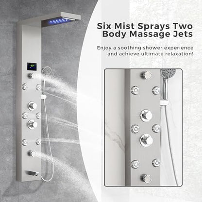 DELAVIN LED Stainless Steel Shower Tower, 5-Function Shower Panel Tower | Temperature Display, Rainfall Waterfall Shower, Massage Jets, Tub Spout, for Renovation, New Builds, Rentals & Contractors - style: 8 Body Jets With LED