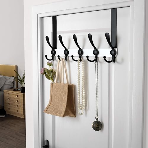 Over Door Hook 2.0 - Upgraded Version - Simple-Assembly, Strong, Heavy-Duty Stainless Steel 5-Tri-Hook Over The Door Hanger Rack, SimpleStrong Series, White & Black, Pack of 2 - color: White & Black