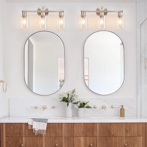 Bathroom Light Fixtures 3-Light Bathroom Vanity Light Brushed Nickel | Stainless steel body, Clear glass shade, E26 scoket, Anti-rust, Easy to install, Vanity lighting fixtures, Over mirror, 18 in - color: Brushed Nickel, size: 3 Light