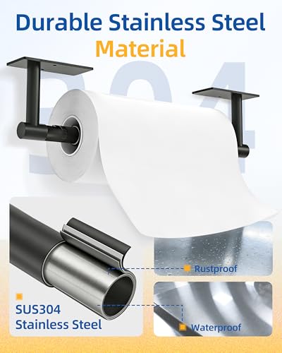RUACQ Paper Towel Holder Under Cabinet, One Hand Tearing Paper Towel Holder with Damping Effect, Wall Mount & Adhesive Stainless Steel Paper Roll Holder for Kitchen Bathroom (Matte Black) - color: Matte Black, size: One Hand Tear - Rectangle