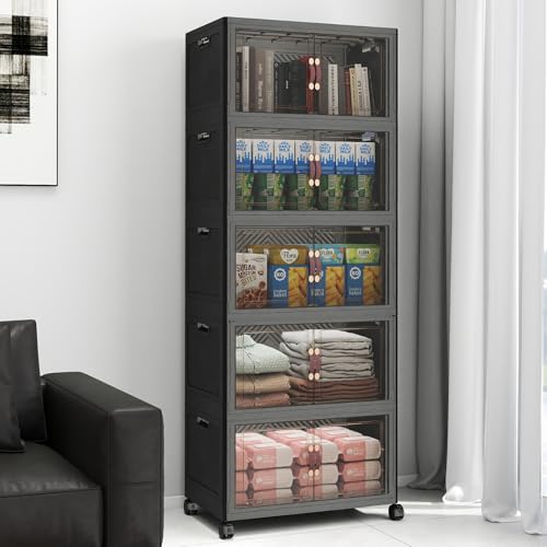 UAMFURI Stackable Storage Bins with Lids, 240QT Lockable Storage Cabinet | Folding Storage Box with Doors and Wheels, Collapsible Plastic Drawers for Home, Garage, Office - color: Black, size: Medium