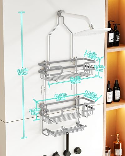 HapiRm Bathroom Hanging Shower Caddy - Rustproof Shower Shelf with 12 Hooks and 2 Soap Holders, No Drilling Bathroom Organizers and Storage - Silver - color: Silver(Large)