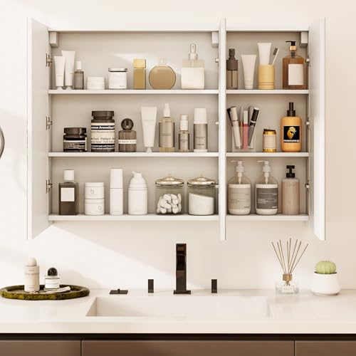 Tangkula Mirrored Medicine Cabinet, Large Wide Wall Mounted Storage Cabinet with 3 Mirror Doors, Hanging Bathroom Organizer, White, 34.5 x 5 x 25.5 Inches - size: 34.5 x 25.5 Inch
