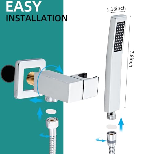 Bathroom Square Chrome Solid Brass Hand Held Shower Head With Wall Connector and Hose System Wall Mount Handheld Showerheads Set - color: Chrome