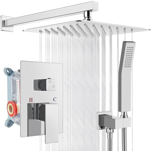 gotonovo Rainfall Bathroom Shower System Rain Shower Head and Handle Set Wall Mounted Shower Complete Combo Solid Brass Pressure Balancing Shower Mixer Valve 10 Inch Polished Chrome - color: Polished Chrome, size: 10 Inch