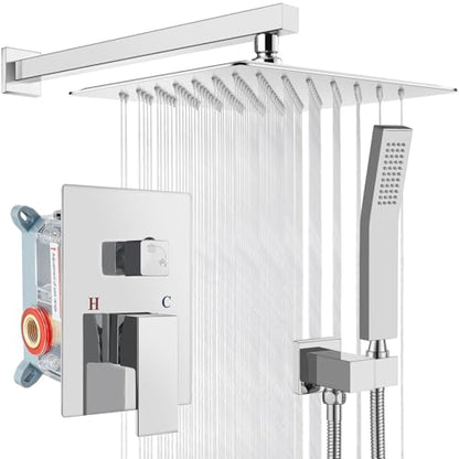 gotonovo Rainfall Bathroom Shower System Rain Shower Head and Handle Set Wall Mounted Shower Complete Combo Solid Brass Pressure Balancing Shower Mixer Valve 12 Inch Polished Chrome - color: Polished Chrome, size: 12 Inch