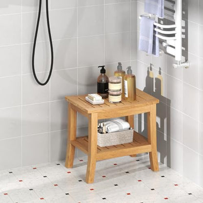 Giantex Teak Shower Bench with Shelf - Shower Stool for Elderly Seniors, Waterproof Teak Wood Non Slip Bathroom Spa Seat, Bathing Stool for Shaving Legs, Indoor & Outdoor Use, 20'' x 14'' x 18''
