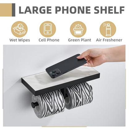 APLusee Double Toilet Paper Holder Matte Black, Stainless Steel Tissue Holder with Sintered Stone Shelf, Wall Mount - size: Double Rod