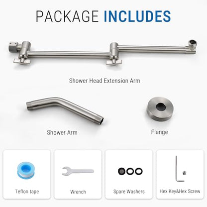 G-Promise 16 Inch Shower Extender with 6Inch Arm and Flange(Brushed Nickel) | Solid Brass Construction, Height and Angle Adjustable, Standard Connection Thread, All Installation Tools Included - color: Brushed Nickel, style: 16 Inch