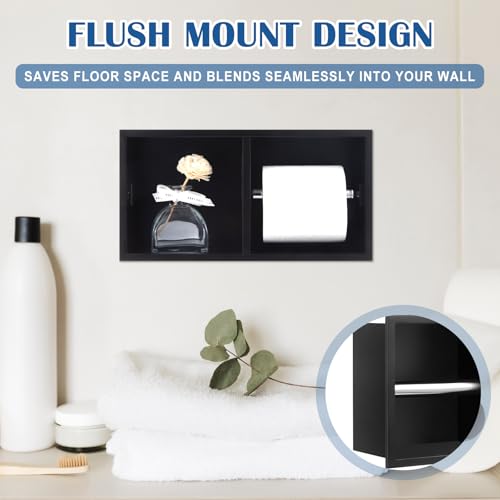Recessed Dual Roll Toilet Paper Holder 304 Stainless Steel Hidden in-wall with Storage Durable Tissue Roll Holder Heavy Duty Space Saving Design for Modern Bathrooms and Remodel(Black) - color: Black
