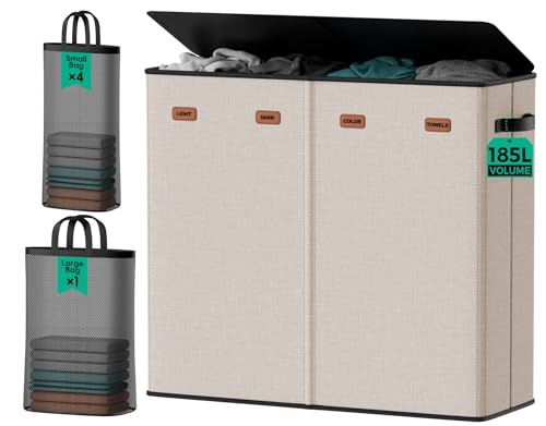 185L Laundry Hamper 4 Section with Lid & Removable Bags | Collapsible laundry basket organizer for laundry room, bedroom & dorm with 5 removable washing bags - color: Beige, size: 185L - 4 Section
