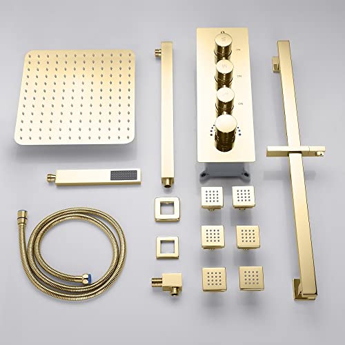Cascada Luxury 12” Rainfall Shower set (Wall Mounted) with 4 knob thermostatic Valves & 3 functions (Rainfall, Body jets & Hand Shower) (Brushed Gold) - color: Brushed Gold