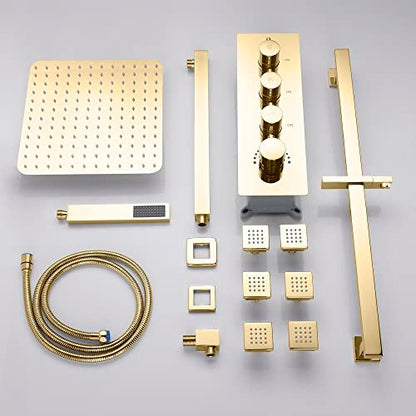 Cascada Luxury 12” Rainfall Shower set (Wall Mounted) with 4 knob thermostatic Valves & 3 functions (Rainfall, Body jets & Hand Shower) (Oil Rubbed Bronze) - color: Oil Rubbed Bronze