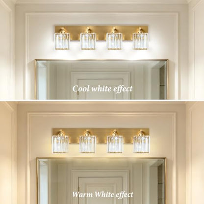 Gold Crystal Bathroom Vanity Light, 4-Light Modern Bathroom Lighting Fixtures Over Mirror,Chrome Wall Sconce Light Fixtures with Square Shade - color: Gold-Square Shade, size: 4-LIGHT