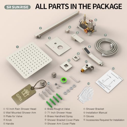 SR SUN RISE Shower Faucet Set Bathroom Square Rain Shower Head with Handheld Spray Wall Mounted Rainfall Shower Fixtures Brushed Nickel Shower Faucet Trim Repair Kits (Contain Shower Valve)10 Inches - color: Brushed Nickel, size: 10 Inch
