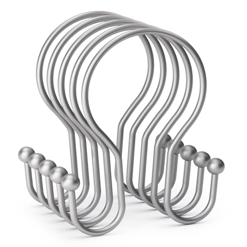 AmazerBath Silver Shower Curtain Hooks, Shower Curtain Rings, Simple Double Shower Curtain Hooks Rust Proof, Metal Smooth Glide Shower Hooks for Shower Curtain Rod, 12 Pcs Shower Rod Hooks - color: Space Silver, style: Minimalist - Double Shower Hooks