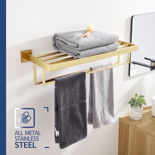 KOKOSIRI Towel Shelf Holder 24'' Bathroom Towel Rack with Two Bath Towel Bars Rails SUS304 Stainless Steel Wall Mount, Brushed Gold, B6003BG - color: Brushed Gold, size: 24-Inch