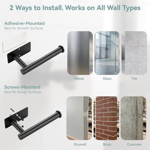 Toilet Paper Holder Wall Mount, Adhesive/Screw, for Bathroom, RV, Black