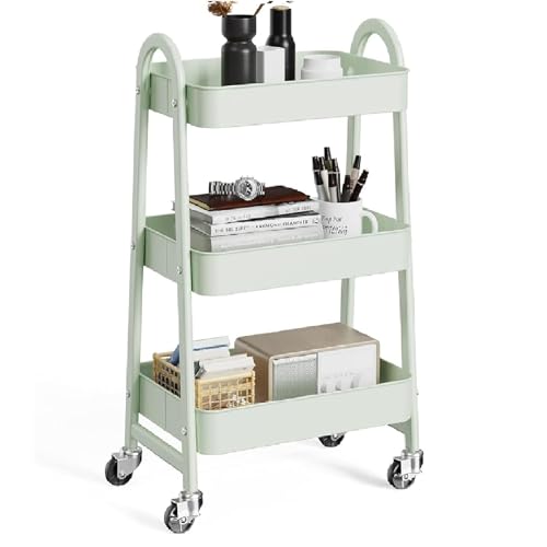 OLIXIS Metal 3 Tiers Rolling Storage Utility Cart with Lockable Wheels | Mobile Organizer Shelf, Space-Saving, Freestanding, Bathroom, Living Room, Slim, Narrow Corner Spaces, Pale Green - color: 3-tiered Pale Green, size: 3-Tiered 17 inches