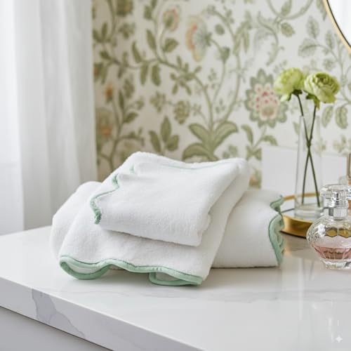Lotus Linen Scallop Piping Towel Set of 6, 100% Zero Twist Cotton, 2 Bath, 2 Hand Towels, 2 Washcloths, Hanging Loops, Soft Absorbent Bathroom Essentials (Sage Green Piping, Towel Set (Pack of 6)) - color: Sage Green Piping, size: Towel Set (Pack of 6)
