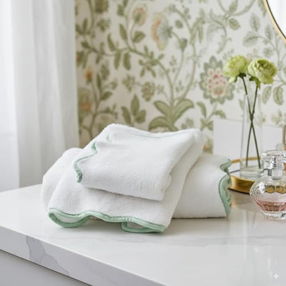 Lotus Linen Scallop Piping Towel Set of 6, 100% Zero Twist Cotton, 2 Bath, 2 Hand Towels, 2 Washcloths, Hanging Loops, Soft Absorbent Bathroom Essentials (Sage Green Piping, Towel Set (Pack of 6)) - color: Sage Green Piping, size: Towel Set (Pack of 6)