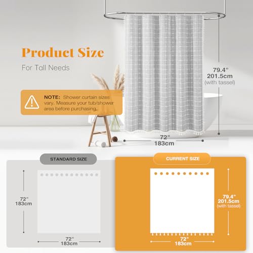 72x78 Boho Farmhouse Linen Heavy Duty Cloth Shower Curtain, Gray/Grey | Long Size, 330GSM Linen Blend, 3-side Tassels, Water Repellent Fabric, 12 Plastic Hooks, Bohemian Style, Machine Washable - color: Grey, size: 72"W x 78"L (Pack of 1)