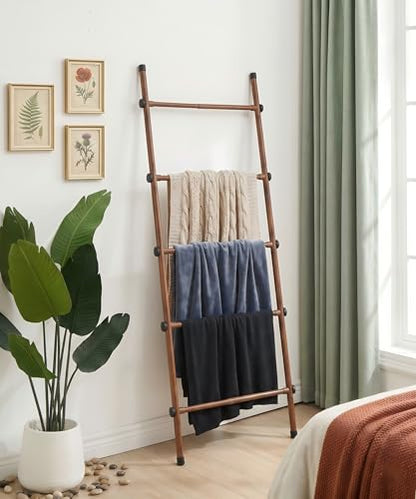 SIBRAD Expandable Blanket Ladder for Living Room, Adjustable Width (17.3"-32.3") Tall Metal Quilt Rack Wall Leaning, Rustic Brown Wood Grain 5-Tier Blanket Holder, Heavy Duty 45 Lbs Capacity - color: Brown Grain