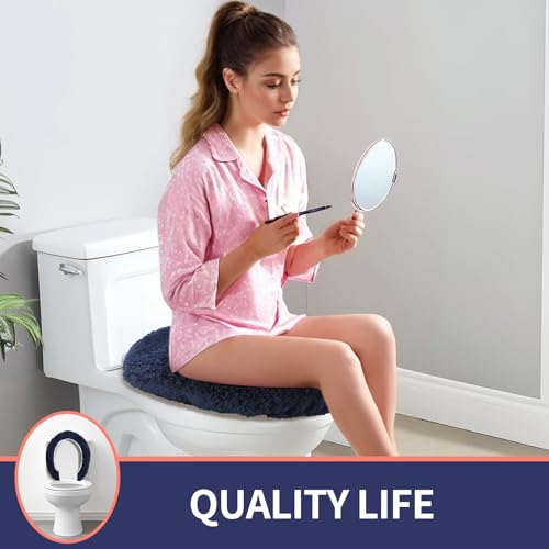 Soft Microfiber Toilet Lid Cover 17.5" x 15" Machine Washable | Solid Toilet Seat Cover Adjustable Rubber Backing Fits Most 16 -17.5" L x 14-16" W Round Oblong and Elongated Toilet Seat - color: Navy Blue