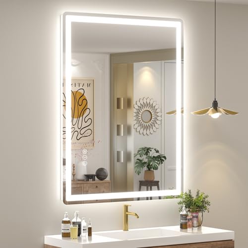 SMIROR 28x36 LED Lighted Bathroom Vanity Mirror with Lights for Wall | Front Lit and Backlit, Rounded-Corner Rectangle, 3 Color, Anti-Fog, Memory, Tempered Glass, UL, Horizontally/ Vertically - color: Frameless, size: 36"L x 28"W