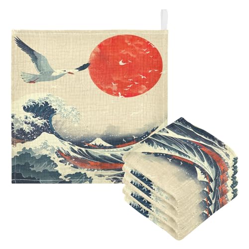 YETTASBIN Sea Waves Muslin Baby Hand Washcloths, Soft Cotton Bath Face Towel, 4 Layers Extra Absorbent Feeding Burp Cloth for Newborn Infant, 5 Pack - size: 12 Inch x 5 Pack