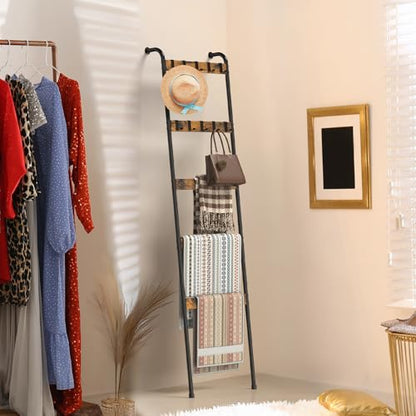 Wall Mounted Blanket Ladder 5-Tier Quilt Ladder, Rustic Brown and Black