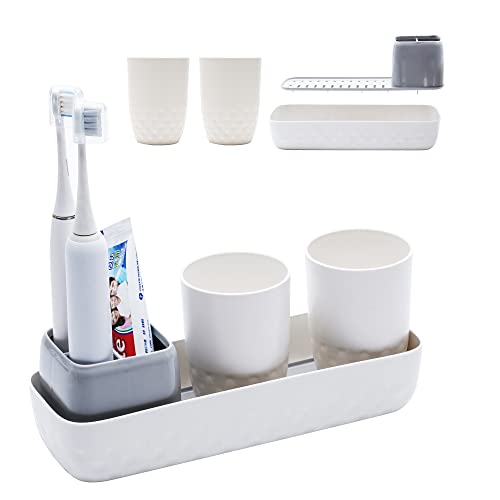 Ayswupt Toothbrush Holders for Bathrooms,Kids Electric Toothbrush Holder with 2 Cups Set,White Tooth Brush Toothpaste Caddy Storage,Small Bathroom Countertop Organizer Stand for Men Farmhouse Family