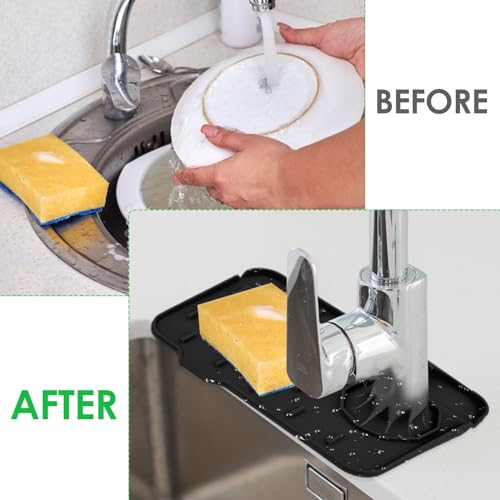 Dimeho Sink Faucet Splash Guard Mat Silicone Soap Dish Pad Faucet Handle Drip Catch Sponge Holder Sink Protector Trays for Bathroom Kitchen Countertop Gadgets Accessories 8.3 x 5.7 Inch(Black) - color: Black