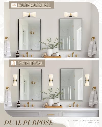 Wall Sconces Set of Two, HWH 14.3 Inch Black and Gold Bathroom Sconces with Frosted Milk White Striped Glass, Up Down Modern Wall Light fixtures for Living Room Bedroom, 5HZG97B-2W-2PK BK+BG - color: Black and Gold, size: 2-Light*2