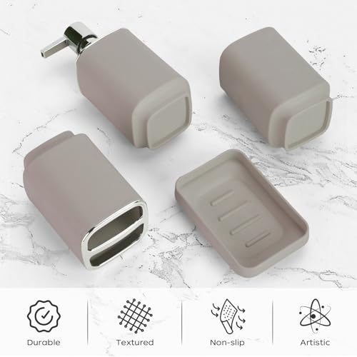 4Pcs Beige Bathroom Set, Square Boho Soap & Toothbrush Holder Set | Thick shatterproof ABS, electroplated rust-proof pump, drip-free, multi-slot holder, dustproof lids, easy-clean - color: Beige, size: 4PCS