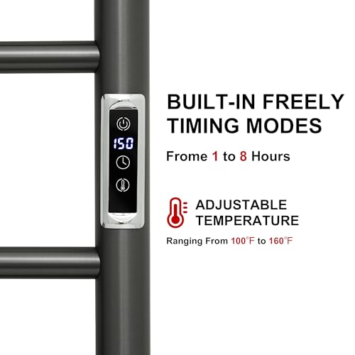 Electric Towel Warmer Rack,Heating Towel Warmer,Timer & Temperature Control,Wall-Mounted Plug-in for Bathroom,Gunmetal Grey,Stainless Steel,8-Bar(27.56x20.87x4.41in) - color: Round-matte Gungrey With Gold Top, size: 8 Bars