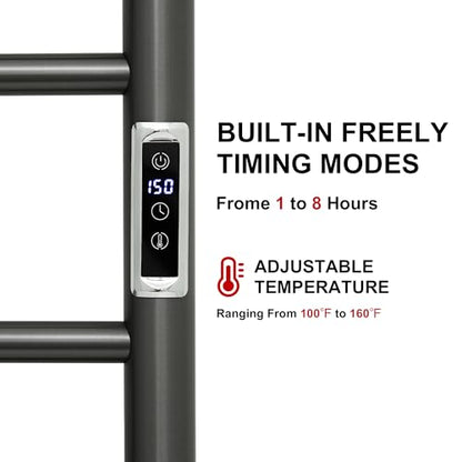 Electric Towel Warmer Rack,Heating Towel Warmer,Timer & Temperature Control,Wall-Mounted Plug-in for Bathroom,Gunmetal Grey,Stainless Steel,8-Bar(27.56x20.87x4.41in) - color: Round-matte Gungrey With Gold Top, size: 8 Bars