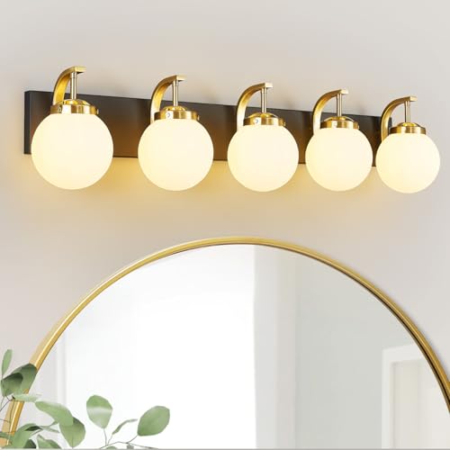 5-Light Bathroom Vanity Light Fixtures Sand Black Gold Vanity Lights Over Mirror Modern Wall Sconce with Milk White Glass Globe Lampshade for Lving Room Dining Room Corridor Powder Room - color: Sand Black Gold, size: L Size Shade-5 Lights