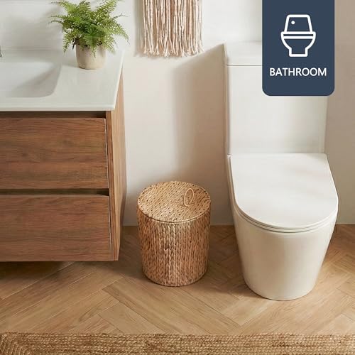 Coeusy 4 Gallon Wicker Trash Can with Lid, Small Bathroom Trash Can, Water Hyacinth Woven Waste Basket, Rattan Boho Decorative Garbage Can with Removable Liner for Bedroom, Home Office (Round,Natural) - size: 4 Gallon